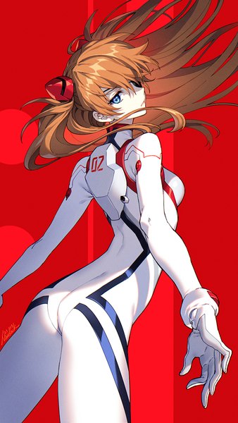Anime picture 788x1400 with neon genesis evangelion rebuild of evangelion evangelion: 3.0+1.0 thrice upon a time gainax soryu asuka langley shikinami asuka langley nardack single long hair tall image looking at viewer fringe blue eyes simple background hair between eyes brown hair standing ass looking back two side up