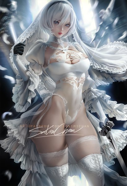 Anime-Bild 684x1000 mit nier nier:automata yorha no. 2 type b sakimichan single tall image looking at viewer fringe short hair breasts blue eyes light erotic hair between eyes large breasts standing holding signed white hair parted lips blurry