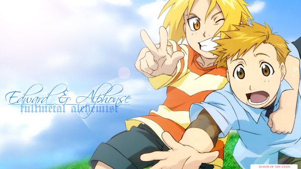 Anime picture 1600x900 with fullmetal alchemist studio bones edward elric alphonse elric short hair open mouth blonde hair smile wide image sky one eye closed wink inscription victory blue background siblings brothers child (children)