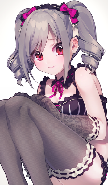 Anime picture 914x1566 with idolmaster idolmaster cinderella girls kanzaki ranko uso (ameuzaki) single tall image looking at viewer blush fringe short hair light erotic simple background smile hair between eyes red eyes white background sitting twintails payot bent knee (knees)