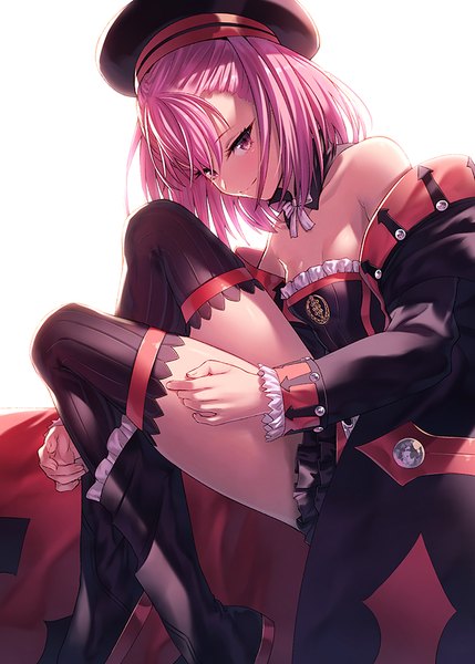 Anime picture 648x906 with fate (series) fate/grand order helena blavatsky (fate) ibuki notsu single tall image looking at viewer fringe short hair simple background hair between eyes white background sitting bare shoulders pink hair bent knee (knees) pink eyes zettai ryouiki girl thighhighs