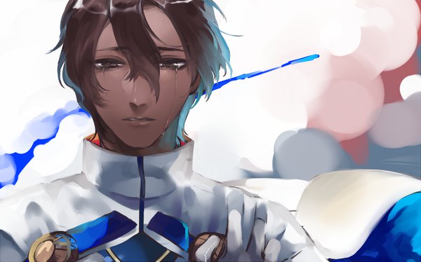 Anime picture 1600x999 with fate (series) fate/grand order arjuna (fate) ichinosenen single fringe short hair hair between eyes brown hair wide image upper body black eyes tears dark skin boy gloves white gloves