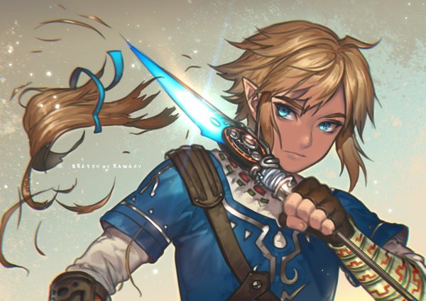 Anime picture 1024x726 with the legend of zelda link kawacy single short hair blue eyes blonde hair signed looking away pointy ears grey background glowing boy gloves weapon fingerless gloves arrow (arrows)