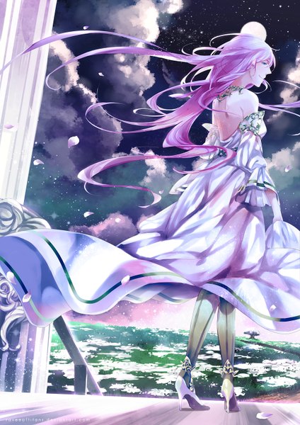 Anime picture 1000x1414 with raveeoftitans single long hair tall image blue eyes bare shoulders signed sky purple hair cloud (clouds) looking back wind back girl dress plant (plants) petals tree (trees) grass