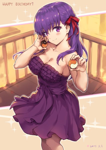 Anime picture 707x1000 with fate (series) fate/stay night matou sakura haoni single long hair tall image looking at viewer blush fringe breasts smile hair between eyes large breasts standing purple eyes bare shoulders holding cleavage purple hair