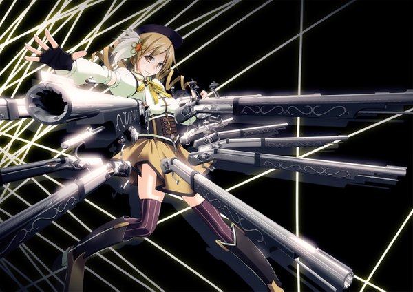 Anime picture 1240x877 with mahou shoujo madoka magica shaft (studio) tomoe mami single blonde hair drill hair girl thighhighs gloves weapon hat fingerless gloves gun rifle musket