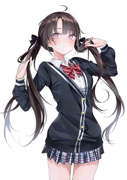 Anime picture 1000x1412 with original nabi (uz02) single long hair tall image looking at viewer blush fringe black hair simple background standing white background twintails ahoge long sleeves pleated skirt pink eyes arms up plaid skirt striped