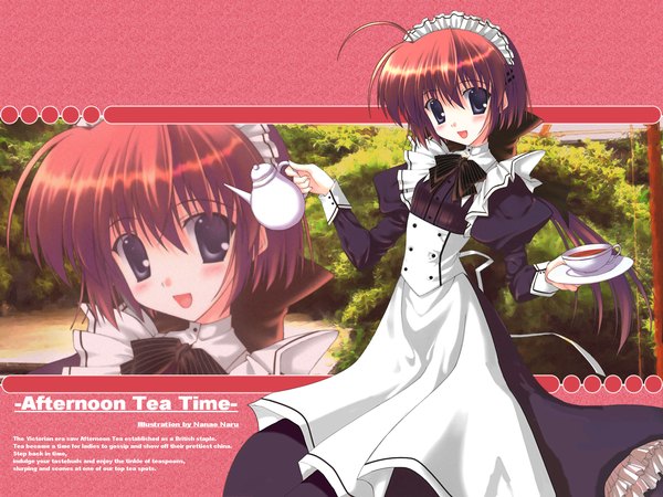 Anime picture 1600x1200 with original nanao naru single long hair looking at viewer fringe short hair open mouth hair between eyes brown hair purple eyes signed ahoge :d maid text low ponytail english third-party edit zoom layer