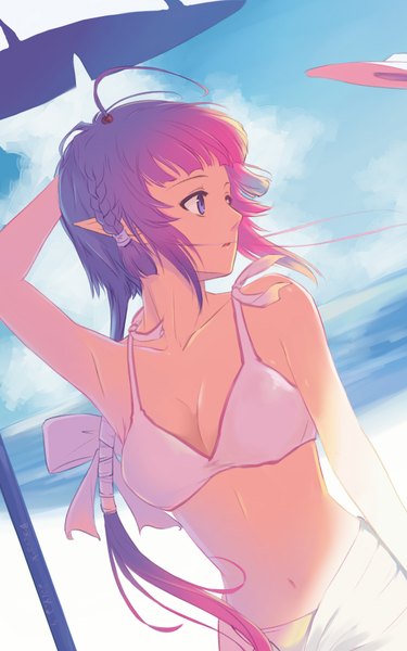 Anime picture 1200x1920 with original bzerox single long hair tall image short hair blue eyes light erotic sitting looking away purple hair braid (braids) wind pointy ears beach elf girl navel bow swimsuit