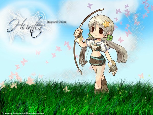 Anime picture 1024x768 with ragnarok online hunter (ragnarok online) single long hair smile twintails brown eyes signed looking away sky cloud (clouds) grey hair bare belly low twintails third-party edit walking girl skirt gloves navel