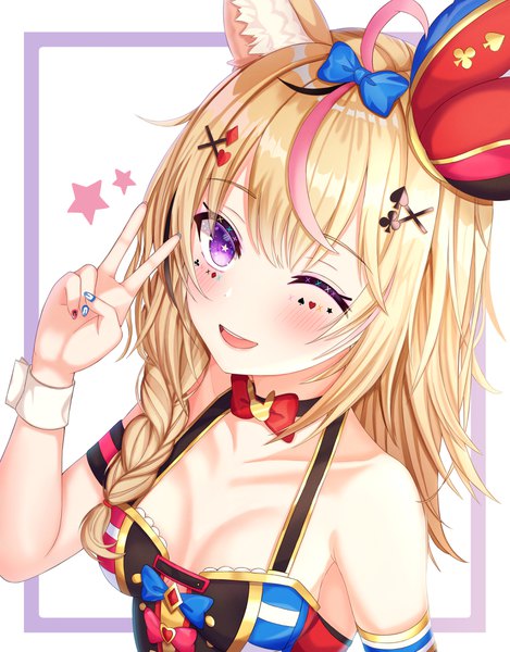 Anime picture 3066x3915 with virtual youtuber hololive omaru polka funii single long hair tall image looking at viewer blush fringe highres breasts open mouth light erotic simple background blonde hair smile hair between eyes white background purple eyes