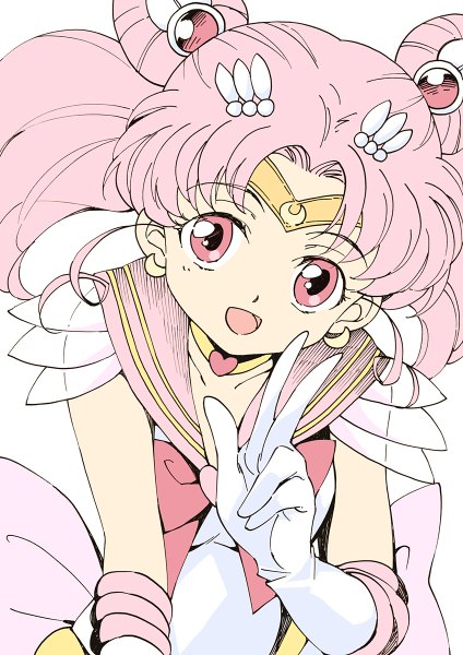 Anime picture 848x1200 with bishoujo senshi sailor moon toei animation chibiusa sailor chibi moon agahari single tall image looking at viewer short hair open mouth simple background white background twintails pink hair pink eyes short twintails victory girl gloves earrings