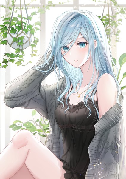 Anime picture 3496x4961 with project sekai hinomori shizuku mairu003 single long hair tall image looking at viewer blush fringe highres breasts blue eyes hair between eyes sitting blue hair absurdres cleavage long sleeves parted lips arm up
