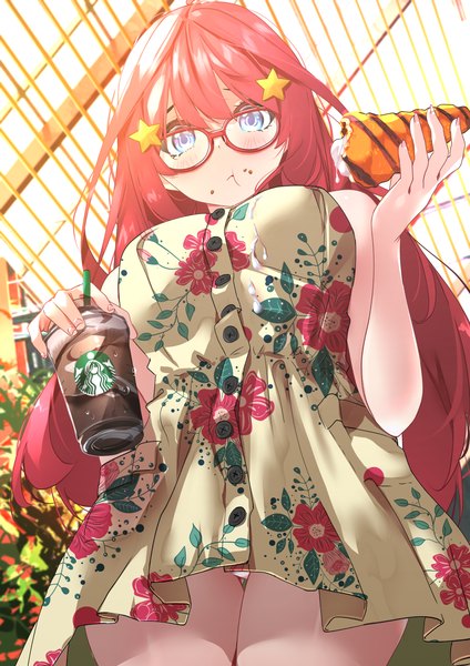 Anime picture 2480x3508 with go-toubun no hanayome starbucks nakano itsuki sydus single long hair tall image looking at viewer blush fringe highres breasts blue eyes light erotic hair between eyes standing holding red hair from below pantyshot