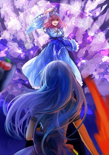 Anime picture 758x1072 with touhou saigyouji yuyuko hinanawi tenshi zhuagui long hair tall image fringe short hair breasts open mouth red eyes multiple girls holding blue hair purple hair traditional clothes japanese clothes wide sleeves cherry blossoms back