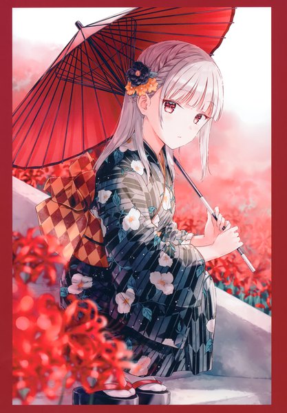 Anime picture 2406x3464 with original hiten (hitenkei) single long hair tall image looking at viewer blush fringe highres red eyes holding silver hair blunt bangs braid (braids) traditional clothes parted lips japanese clothes hair flower scan mole