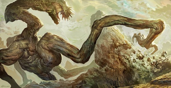 Anime picture 1157x594 with original danciao wide image sky cloud (clouds) fantasy rock giant warrior dwarf monster creature