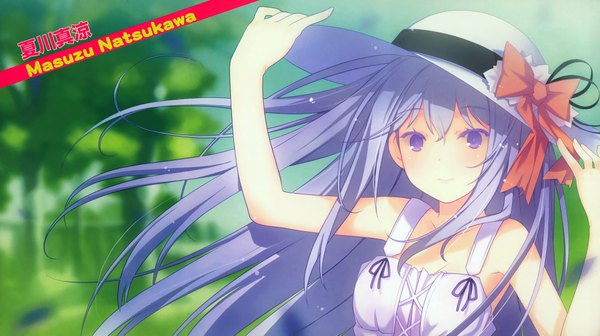 Anime picture 2140x1200 with ore no kanojo to osananajimi ga shuraba sugiru a-1 pictures natsukawa masuzu ruroo single long hair looking at viewer blush fringe highres smile wide image purple eyes bare shoulders purple hair wind scan arms up official art character names