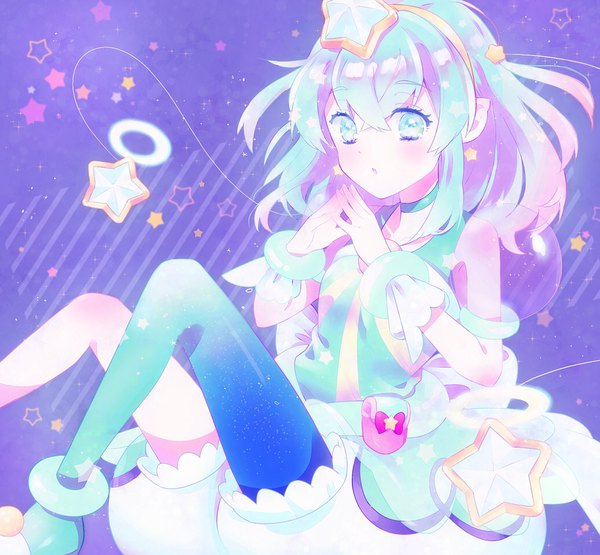 Anime picture 1037x960 with precure star twinkle precure toei animation hagoromo lala cure milky kashitani futaba single looking at viewer blush fringe short hair simple background hair between eyes bent knee (knees) aqua eyes aqua hair purple background magical girl fingers together girl