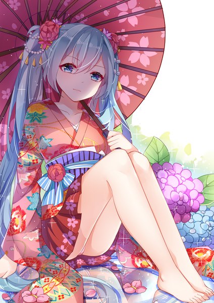 イラスト 2480x3507 と ボーカロイド 初音ミク 戳儿 ソロ 長身像 カメラ目線 前髪 highres light erotic hair between eyes 座る ツインテール very long hair 裸足 aqua eyes aqua hair arm support sparkle パンチラ pantyshot sitting