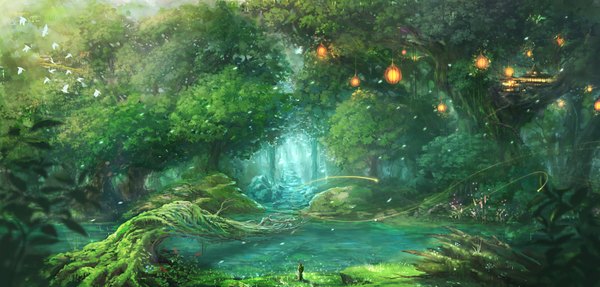 Anime picture 1761x845 with original melonsoda single highres wide image standing from behind magic flying scenic river ambiguous gender plant (plants) animal petals tree (trees) bird (birds) leaf (leaves) forest lantern