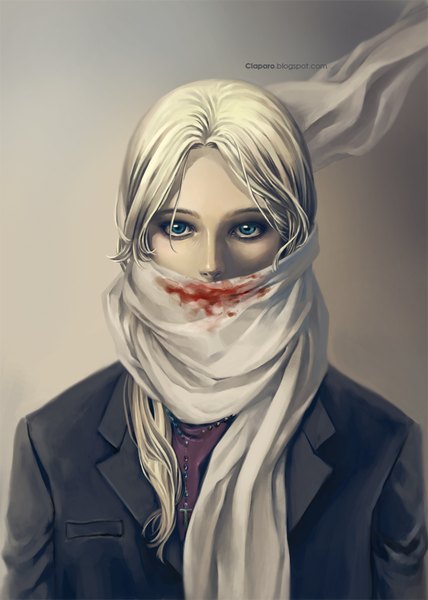Anime picture 731x1024 with original claparo-sans single long hair tall image blue eyes simple background blonde hair signed bloody clothes girl scarf blood cross beads