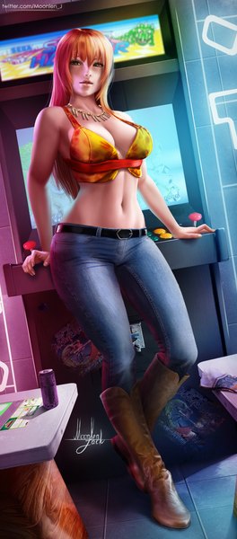 Anime picture 1757x4000 with shenmue sega joy (shenmue) moonlen-jack single long hair tall image looking at viewer highres breasts light erotic large breasts standing signed cleavage full body indoors parted lips black eyes orange hair
