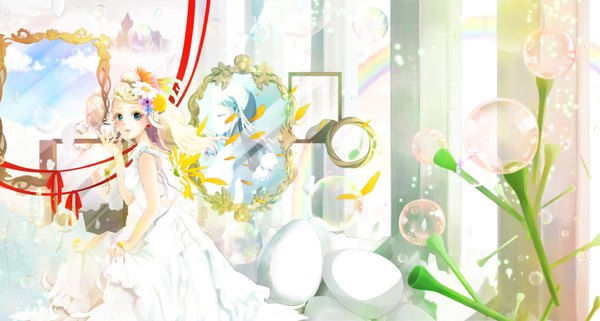 Anime picture 1992x1068 with original ahira yuzu single long hair looking at viewer highres blue eyes blonde hair wide image girl dress flower (flowers) petals mirror