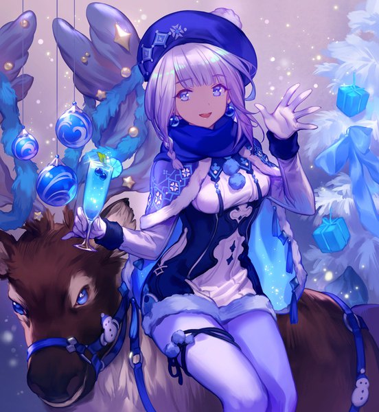 Anime picture 1400x1520 with original umberwig single long hair tall image looking at viewer fringe breasts open mouth smile large breasts sitting purple eyes holding silver hair bent knee (knees) blunt bangs braid (braids) :d fur trim