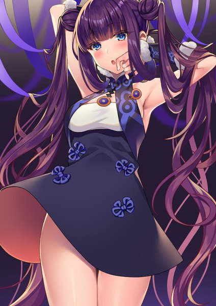 Anime picture 1448x2048 with fate (series) fate/grand order yang guifei (fate) hizuki higure single tall image looking at viewer blush fringe open mouth blue eyes standing twintails bare shoulders purple hair blunt bangs very long hair traditional clothes :o armpit (armpits)