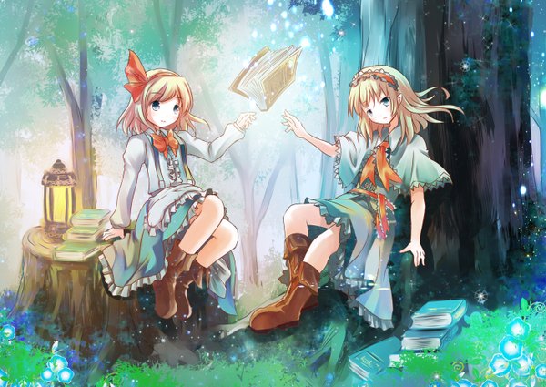 Anime picture 1416x1003 with touhou touhou (pc-98) alice margatroid alice margatroid (pc-98) risutaru looking at viewer short hair blue eyes blonde hair sitting multiple girls full body outdoors arm support girl dress ribbon (ribbons) 2 girls plant (plants) hair ribbon