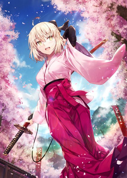 Anime picture 642x900 with fate (series) fate/grand order koha-ace okita souji (fate) (all) okita souji (koha-ace) gabiran single tall image looking at viewer blush fringe short hair breasts open mouth blonde hair holding yellow eyes looking away sky cloud (clouds)