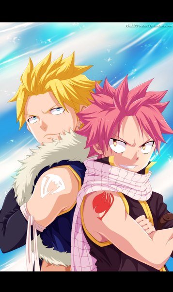 Anime picture 800x1345 with fairy tail natsu dragneel sting eucliffe khalilxpirates tall image short hair blue eyes blonde hair smile yellow eyes pink hair sky sunlight multiple boys tattoo sleeveless grin coloring crossed arms back to back
