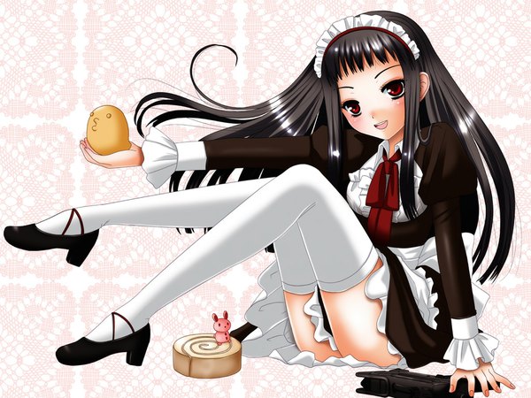 Anime picture 1024x768 with ar tonelico ar tonelico ii gust (company) jacqli inumori sayaka single long hair looking at viewer blush fringe open mouth light erotic black hair simple background smile red eyes holding full body bent knee (knees) head tilt