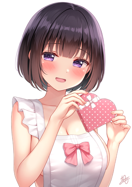 Anime picture 752x1062 with original inoue yurina karutamo single tall image looking at viewer blush short hair breasts open mouth light erotic black hair simple background large breasts white background purple eyes holding signed upper body :d