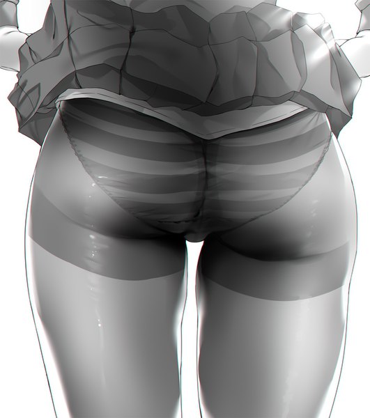 Anime picture 1200x1355 with original noto kurumi single tall image light erotic simple background standing white background ass from behind monochrome skirt lift head out of frame anaglyph pov ass girl skirt underwear panties pantyhose