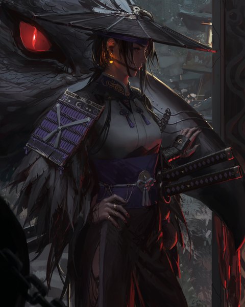 Anime picture 5000x6251 with original guweiz single long hair tall image fringe highres black hair red eyes standing looking away absurdres realistic hand on hip sheathed girl weapon earrings sword armor