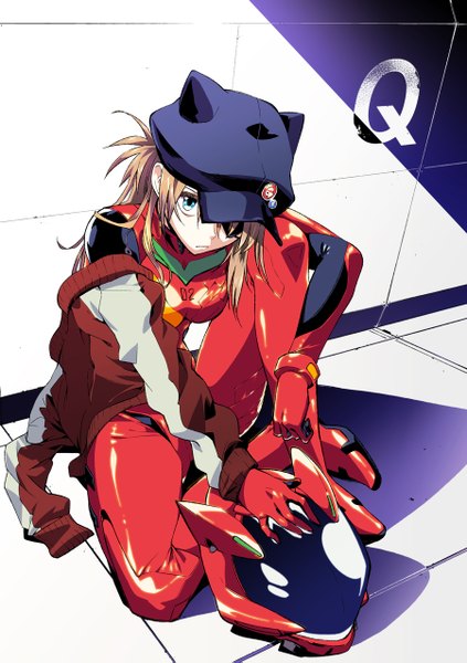 Anime-Bild 900x1275 mit neon genesis evangelion rebuild of evangelion evangelion: 3.0 you can (not) redo gainax soryu asuka langley fuku (pukuyan) single long hair tall image looking at viewer blue eyes brown hair sitting open clothes open jacket girl jacket bodysuit eyepatch helmet