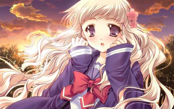 Anime picture 1024x640 with hatsukoi yohou (game) long hair blonde hair wide image game cg black eyes evening sunset girl serafuku