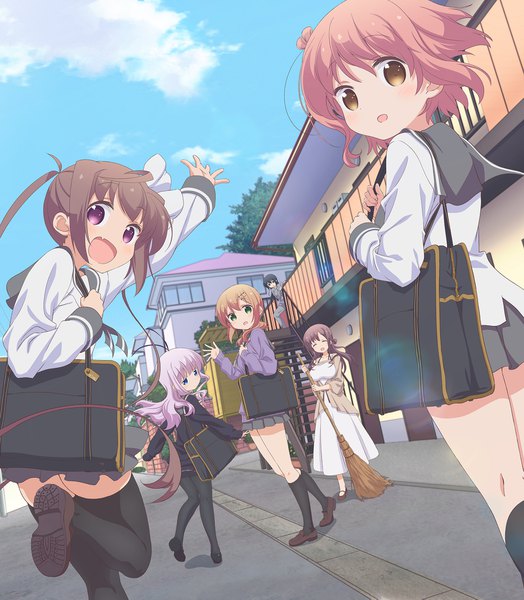 Anime picture 1800x2061 with slow start sengoku kamuri ichinose hana momochi tamate tokura eiko hannen hiroe kyouzuka shion long hair tall image looking at viewer highres short hair open mouth black hair blonde hair brown hair purple eyes twintails multiple girls brown eyes