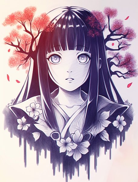 Anime picture 1024x1344 with naruto studio pierrot naruto (series) hyuuga hinata madasamaaa single long hair tall image looking at viewer fringe upper body blunt bangs parted lips floral print monochrome spot color girl plant (plants) petals tree (trees)