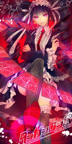 Anime picture 650x1300 with dangan ronpa celestia ludenberg japu (pu san love) single long hair tall image open mouth black hair smile nail polish pink eyes fingernails wide sleeves drill hair crossed arms smirk girl thighhighs dress uniform