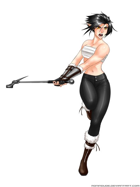 Anime-Bild 3000x4000 mit ronin dude (ray cornwell) single tall image blush highres short hair open mouth black hair simple background white background bare shoulders yellow eyes pointy ears girl navel weapon boots pants bandage (bandages) axe