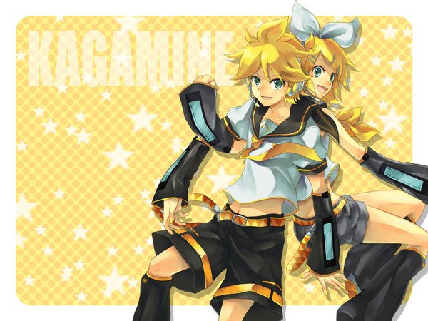 Anime picture 1024x768 with vocaloid kagamine rin kagamine len hana (mew) looking at viewer short hair blonde hair border siblings yellow background twins back to back sailor collar girl boy bow hair bow detached sleeves shorts star (symbol)