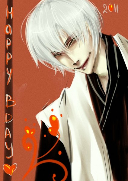 Anime picture 1024x1449 with bleach studio pierrot ichimaru gin oriental-lady tall image short hair smile white hair eyes closed lips inscription happy birthday boy heart