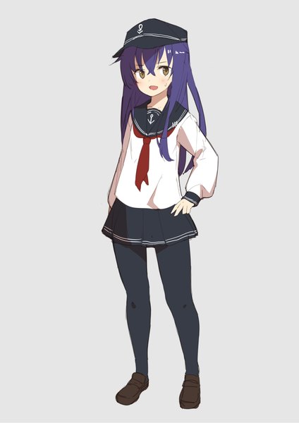 Anime picture 800x1132 with kantai collection akatsuki destroyer touyama eight single long hair tall image fringe open mouth simple background hair between eyes standing brown eyes looking away purple hair full body grey background sweat hand on hip girl uniform