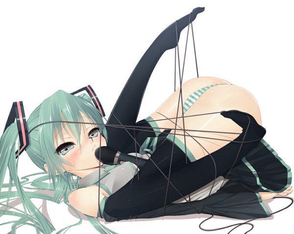 Anime picture 1039x827 with vocaloid hatsune miku sentoiro (artist) single long hair blush light erotic simple background white background twintails ass aqua eyes aqua hair girl thighhighs underwear panties black thighhighs microphone wire (wires)