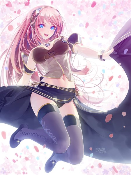 Anime picture 1680x2240 with vocaloid megurine luka megurine luka (vocaloid4) okingjo single long hair tall image looking at viewer blush breasts open mouth blue eyes light erotic signed pink hair bent knee (knees) jumping girl thighhighs navel