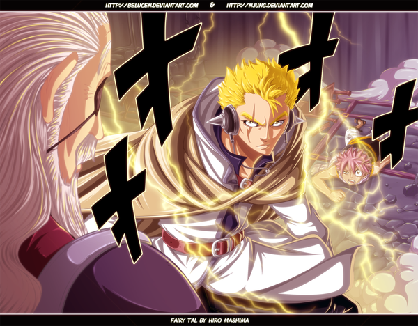 Anime picture 1470x1148 with fairy tail natsu dragneel laxus dreyar hades (fairy tail) natilokijung belucen long hair short hair open mouth blonde hair pink hair silver hair grey eyes sleeveless coloring magic scar ruins lightning boy