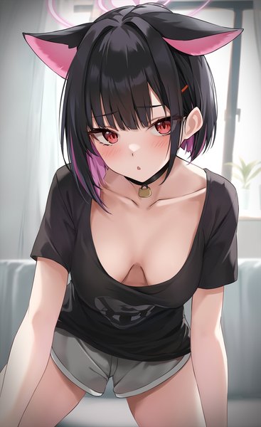Anime picture 967x1580 with blue archive kazusa (blue archive) marisasu (marisa0904) single tall image looking at viewer blush fringe short hair breasts open mouth light erotic black hair red eyes animal ears pink hair cleavage blunt bangs multicolored hair two-tone hair
